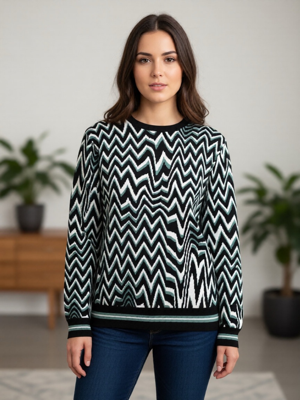 Murano Black, White & Mint Chevron Crewneck Sweater 90’s retro oversized